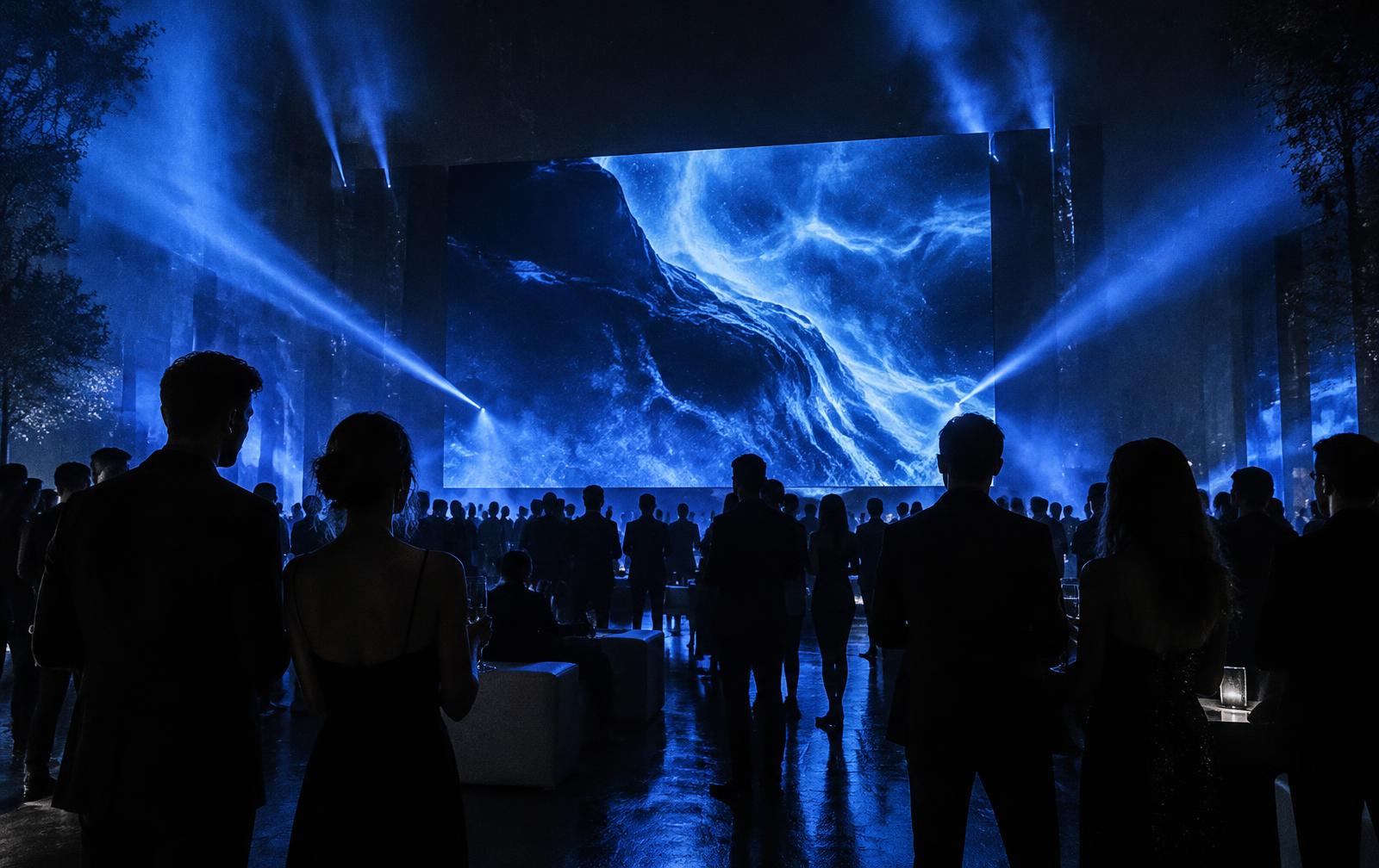 A premium launch event lit by electric blue stage beams